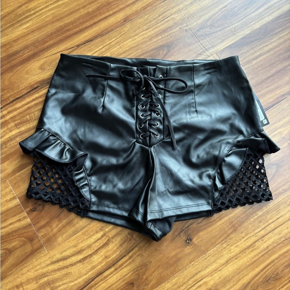 Black Lace-Up Faux Leather Women Shorts